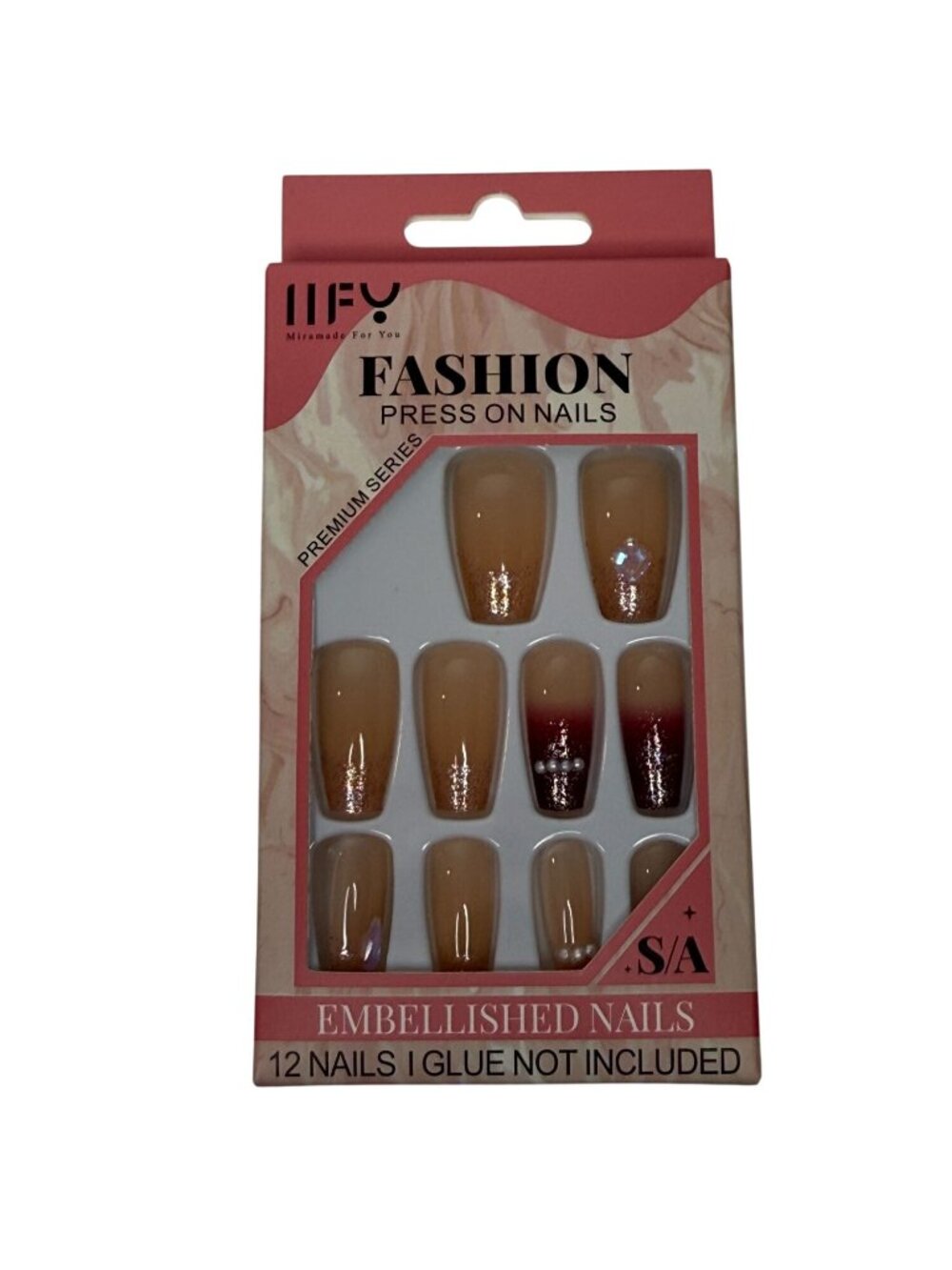 Press On Nails Nude Ombre Glitter Rhinestone Accent Medium Length 12ct No Glue